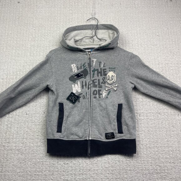 Y2K Tony Hawk Hoodie Boys Grey / Blue Skate Skull AOP Embroidery Full Zip Read - Picture 7 of 12
